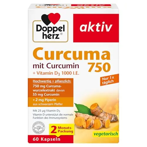 Doppelherz Curcuma 750 mit Curcumin + Vitamin D3 1000 I.E. – Vitamin D unterstützt die normale Funktion des Immunsystems – 60 Kapseln