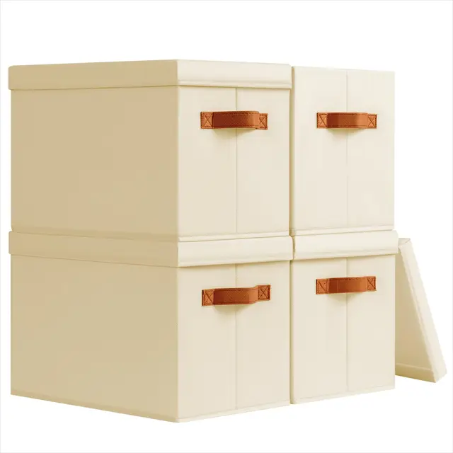 Homsorout Aufbewahrungsboxen mit Deckel Faltbox 35x25x25cm, Beige, 4er Set | Aufbewahrungsboxe Stoff Faltbare, Storage Boxes Organizer, Stoffboxen Aufbewahrung Für Kleidung, Schrank, Würfelregal, Socken