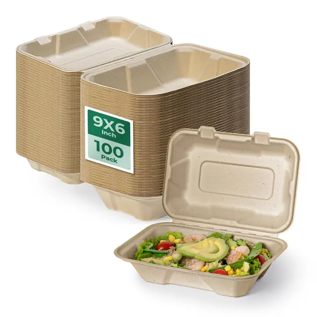 Fit Meal Prep Kompostierbare Lebensmittelbehälter, Einweg-Klappbox, Kraftpapier, umweltfreundlich, 100 % biologisch abbaubar, Bagasse zum Mitnehmen, strapazierfähig, mikrowellengeeignet, 22,9 x 15,2 x