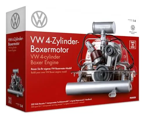FRANZIS 67308 – Volkswagen VW 4-Zylinder Boxermotor 2 in 1, originalgetreuer Motorbausatz im Maßstab 1:4, inkl. Soundmodul, Anleitung und 100-seitigem Begleitbuch