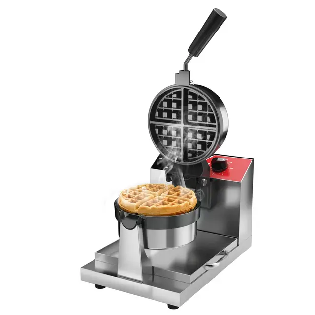 CROSSON Kommerzielles Waffeleisen,Rundes Waffeleisen Belgische Waffel Um 180° Drehen,Nicht Haftende Dreifachschicht mit Temperatur- und Zeiteinstellung für Restaurant Bäckerei Snackbar,230V/1300W