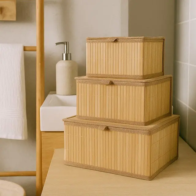 Bambuskorb-Set TILVA – 3 verschließbare Aufbewahrungskörbe mit Deckel – stapelbare Aufbewahrungsboxen aus Bambus für Bad, Küche & Wohnzimmer