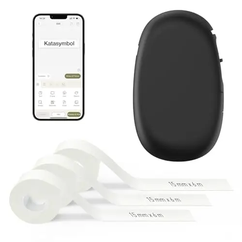 SUPVAN E10 Etikettendrucker Value Pack inkl. 3 Rollen wasserfeste Endlos-Etiketten (15 mm × 6 m/Rolle), schwarz