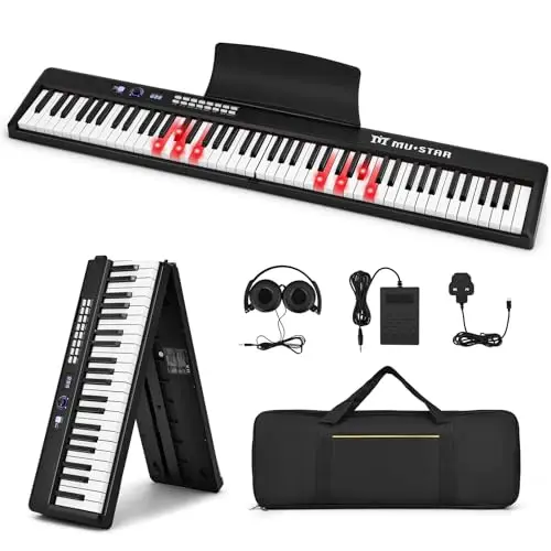 MUSTAR 88 Tasten Faltbares Klavier mit Beleuchteter Tasten, Halbgewichtige Digital Piano, Tragbares E-piano mit Bluetooth, MIDI, Sustain Pedal, Kopfhörer für Anfänger, Schwarz