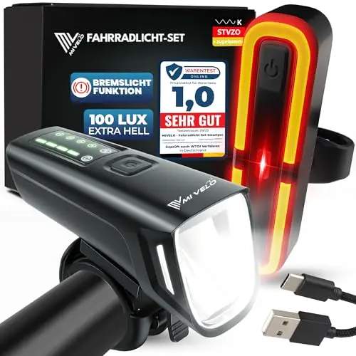 MIVELO SMART Fahrradlicht Set 100LUX, 2000mAh Power-Akku, Auto-Sensor, StVZO zugelassen, USB aufladbar & wasserdicht, Fahrradlampe vorne & Fahrrad Rücklicht, LED Fahrradbeleuchtung