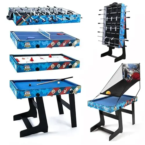 HLC 5 in 1 Multifunktions Tischspiel mit Billiardtisch Tischkicker usw. | Klappbar Multifunktionstisch Spieltisch mit Zubehör Fußballtisch Tischtennis|Air Hockey|Basketballspiel für Kinder.