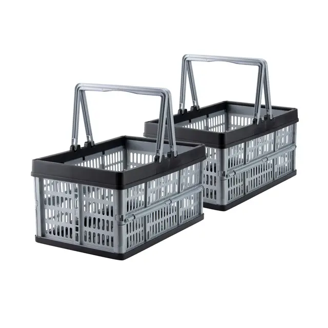 Grizzly kleine Klappbox faltbar mit Henkel, 2er Set, grau, je 16 L, Faltbox nutzbar als klappbarer Einkaufskorb und Kofferraum Organizer