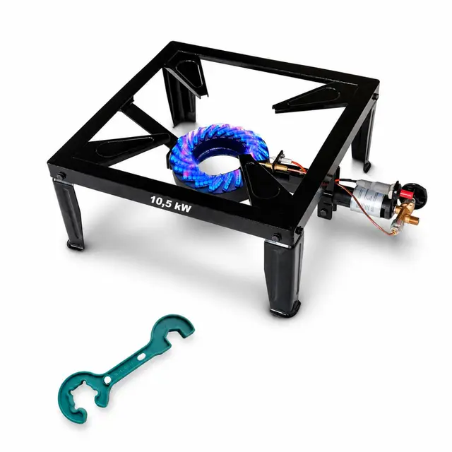Bluecraft Profi Hockerkocher Gas 10,5 KW Gaskocher für Gasflasche Gasbrenner Gusseisen Räucherofen Camping Wokbrenner mit Zündsicherung und Piezozündung Campingkocher Outdoor Gasregler Schlüssel