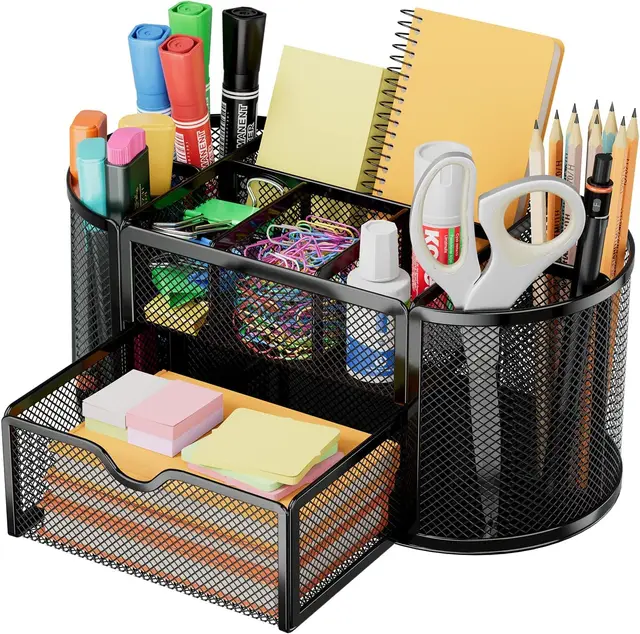 Schreibtisch Organizer,stiftehalter schreibtisch,Mesh Metall Desktop Büro Organizer mit 8 Stifthaltern und 1 Schublade,Es Platz zu Hause, in der Schule oder im Büro sparen. (Schwarz)