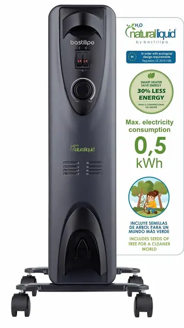 Bastilipo - RC-ECOFLUID-7 - Kompakter, umweltfreundlicher Heizkörper mit H2O Natural Liquid, extra energiesparend, 1000 W, 0,5 kW/h, 7 Elemente, c/Thermostat, schwarz