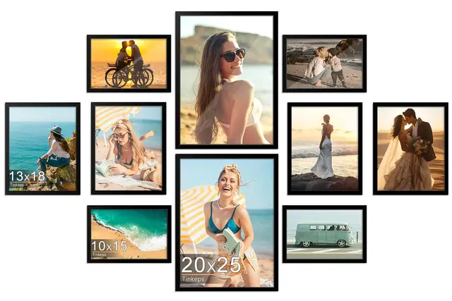 Bilderrahmen 10er-Pack in Schwarz – Für 10 Fotos in 3 Größen, Enthält 4 Rahmen für 10x15 cm, 4 für 13x18 cm und 2 für 20x25 cm Fotos – Perfekt als Tischaufsteller und Wanddekoration geeignet