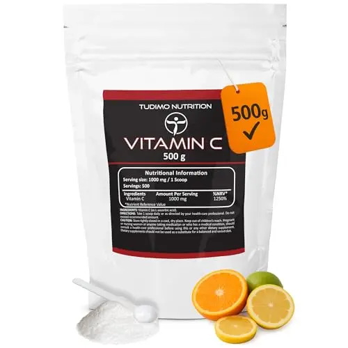Reines Veganes Vitamin-C-Pulver 500 g – 1000 mg pro Portion, Hochwirksame Ascorbinsäure, Großpackung – Vielseitige Formel für Immunsystem & Wohlbefinden, Non-GMO & Reine Qualität