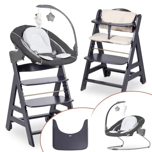hauck Hochstuhl Beta+ Newborn Set Deluxe - Babyhochstuhl Set ab Geburt mit Neugeborenen Aufsatz Bouncer, Sitzpolster und Essbrett - Dark Grey