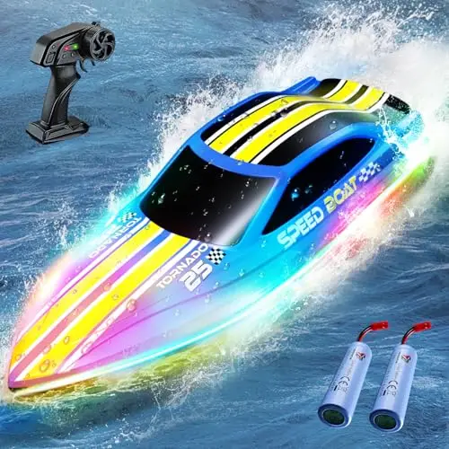 Ferngesteuertes Boot, 2,4 GHz RC Boot Kinder mit 7 LED-Lichtmodi, Speedboot Ferngesteuert RC Boat, 2 Batterien, Pool Spielzeuge für Kinder