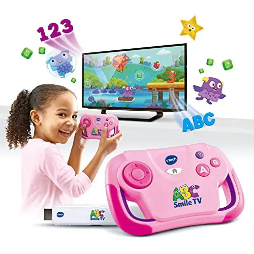 VTech ABC Smile TV pink – Kabellose Lernkonsole mit HDMI-Stick für den Fernseher mit 15 Spiel-Level für stundenlangen Lernspaß – Für 3-7 Jahre - Deutsch