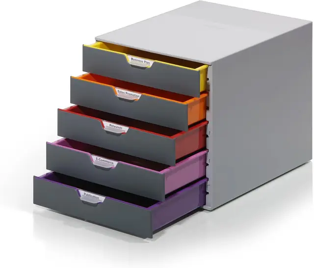 Durable Schubladenbox A4 (Varicolor) Ablagebox 5 Fächer, Ablagebox A4 mit Etiketten zur Beschriftung, mehrfarbig, 760527