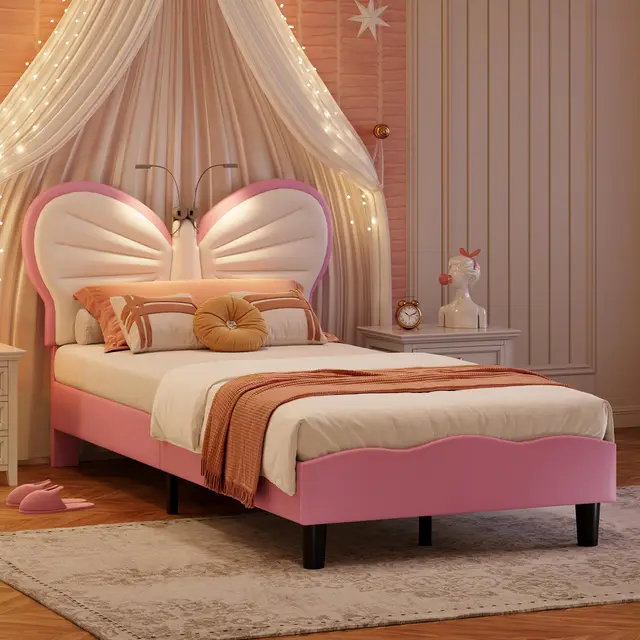 Kinderbett 90x200 cm, LED Einzelbett Gepolstertes Bett mit lattenrost für Mädchen, Polsterbett Jugendbett mit verstellbarem Kopfteil für Kinderzimmer, ohne Matratze (Rosa Schmetterling)