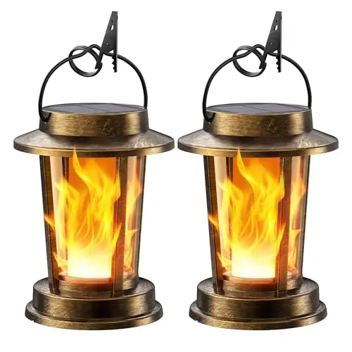 Solarlampen für Außen Hängend/Stehend, Solar Laternen für Draußen Warmweiß, IP65 Wasserdicht Retro Solarleuchten Gartendeko mit Clips für Außen Garten 2 Stücke (Bronzefarbig, Flammeneffekt)