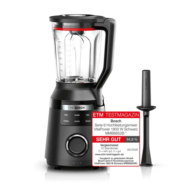 Bosch Hochleistungsmixer, Smoothie Maker, 1800W, 45.000 U-min, Programme für heiße Suppe & Reinigung, 2L, spülmaschinenfeste Teile, Made in Europe, schwarz, VitaPower Serie 6 MMB6652B