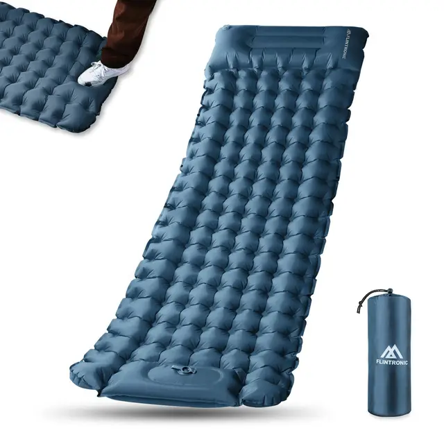 Flintronic Camping Isomatte mit Fußpressepumpe, 10CM Thick Wasserdicht Isomatte mit Kopfkissen, Ultraleichte Outdoor Aufblasbare Luftmatratze, Faltbar Schlafmatte für Wandern, Marineblau