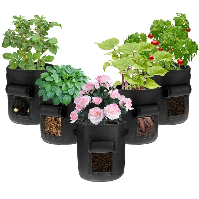 QWORK® 5 Stück 10-Gallonen Kartoffelpflanzsäcke, Schwarz Pflanzsack mit Erntefenster, für Gartenarbeit, Gemüse