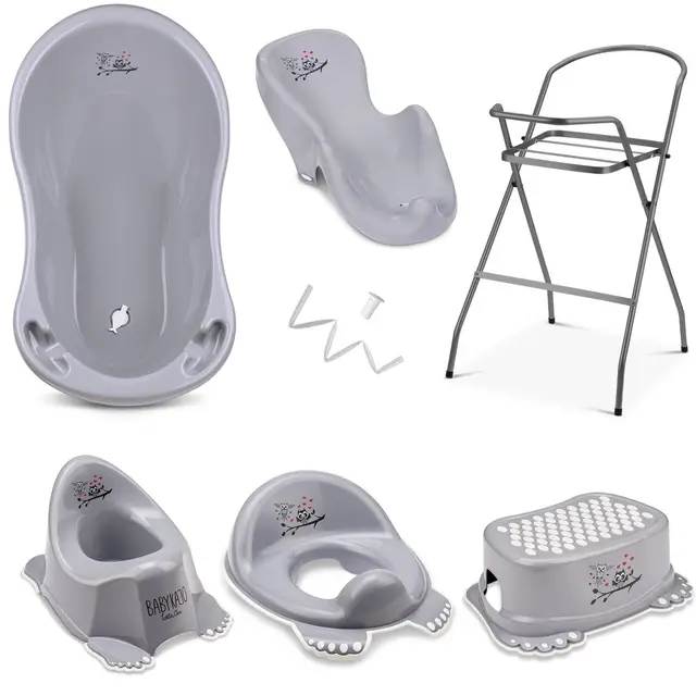 Baby Badewanne mit Gestell 7 Set TÜV Rheinland geprüft - Babybadewanne + Baby Badewannensitz + Ständer + Abfluss + Töpfchen + Hocker + WC Sitz Kinder