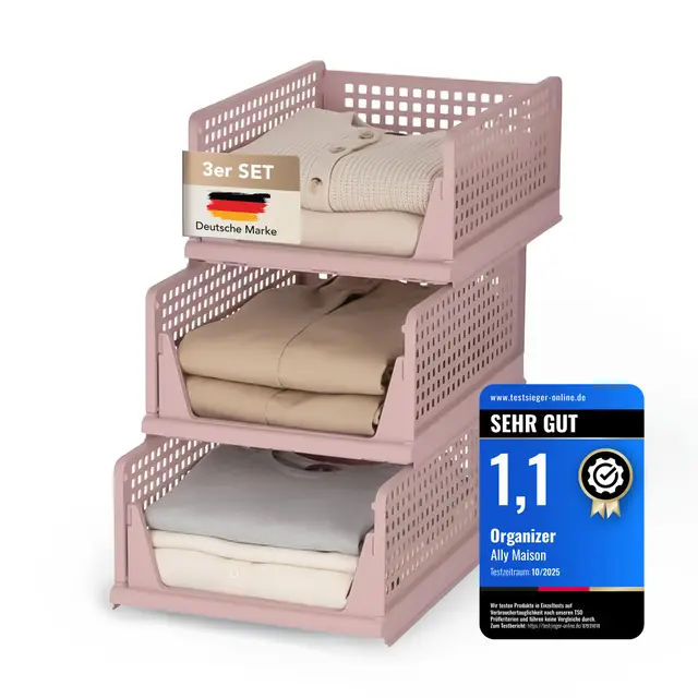 Schrank Organizer 3er Set (Faltbar & Stapelbar) – Kleiderschrank Organizer Boxen, platzsparende Aufbewahrungsbox aus Kunststoff – für Schrank, Bad, Küche & Büro geeignet – rosa