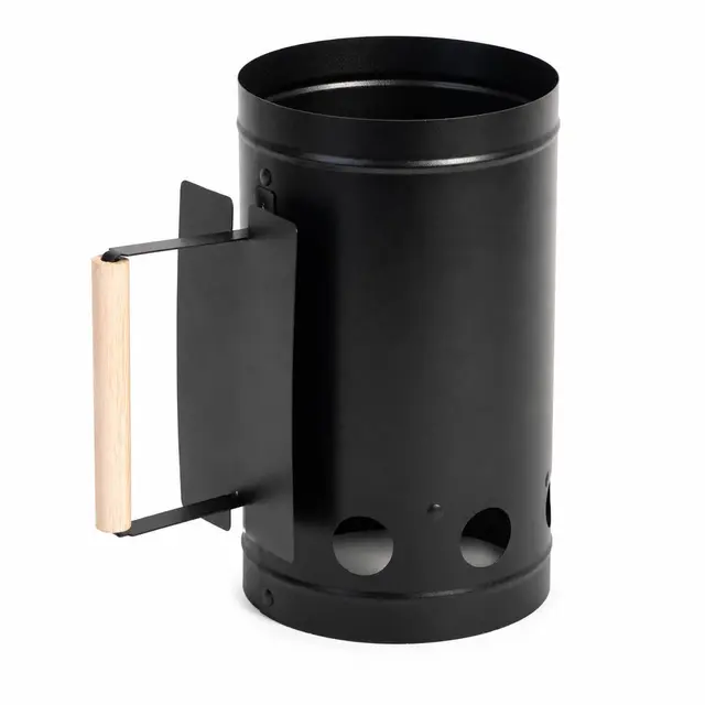 Holzkohleanzünder Kaminanzünder - Ø 16 x H 27,5 cm - Farbe schwarz, aus verzinktem Metall mit Holzgriff - startet die Glut schnell, ideal für alle Kohlegrills (1, schwarz)