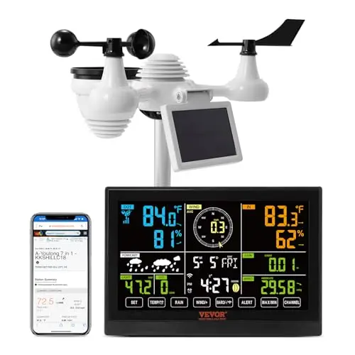 VEVOR Profi WLAN-Wetterstation 7-in-1 solarbetrieben Wettercenter 7,5-Zoll-Display 150m Übertragungsreichweite Außensensor für Windgeschwindigkeit Windrichtung Temperatur Luftfeuchtigkeit Niederschlag
