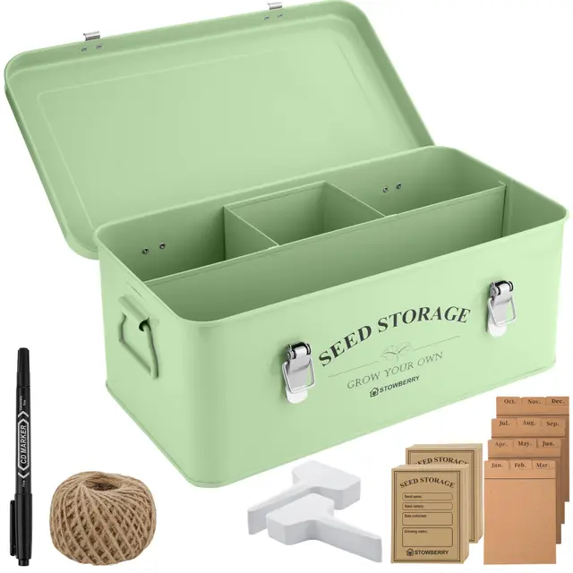 Samen-Aufbewahrungsbox-Organizer – Grüne Gartensamendose mit Deckel, seitlichen Griffen, 4 Fächern – Samenpaketbehälter für Gärtner – Gartengeschenkidee mit über 200 Zubehörteilen