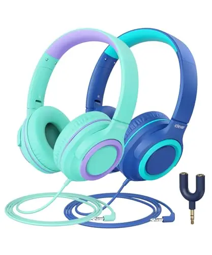 iClever Kinder Kopfhörer mit Sharing Splitter [2 Pack]- 85dBA Safe Volume Limited - HS22 Kopfhörer für Kinder mit Kabel, Tangle-Free 3.5mm Jack Foldable Stereo für Schule/Tablet/Reisen