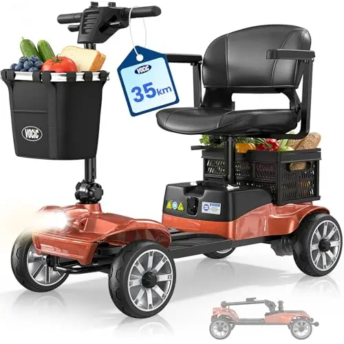 VOCIC D35 Seniorenmobil klappbar 35KM, 40L Doppelten Korb Elektromobil für Senioren bis 136KG, mit 20CM großen Rädern, 40L Doppelten Korb, ergonomischer verstellbarer Sitz, abnehmbarer Akku,Orange Rot