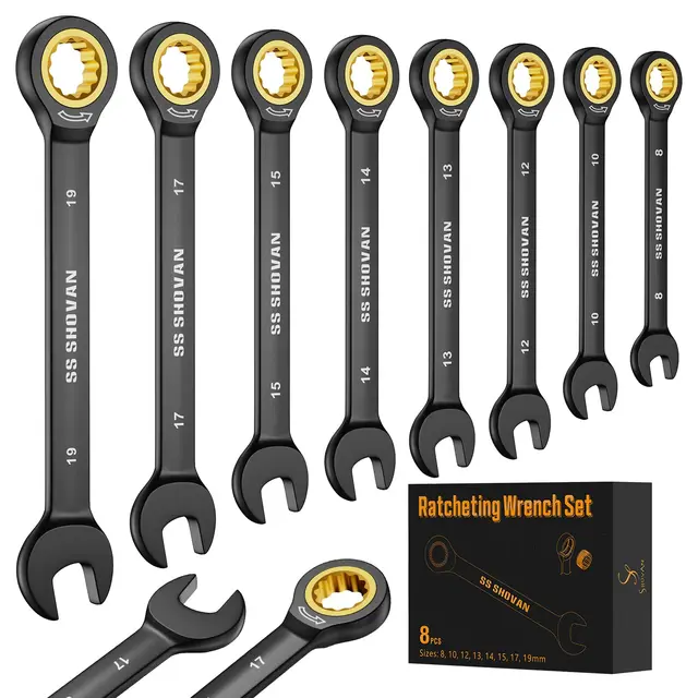 ss shovan 8TLG Ratschenschlüssel Set 8-19 mm, Ringmaulschlüssel Maulschlüssel Set mit 72 Zähne, Cr-V mit Aufbewahrungsbox, Metrisch Größe 8, 10, 12, 13, 14, 15, 17, 19mm