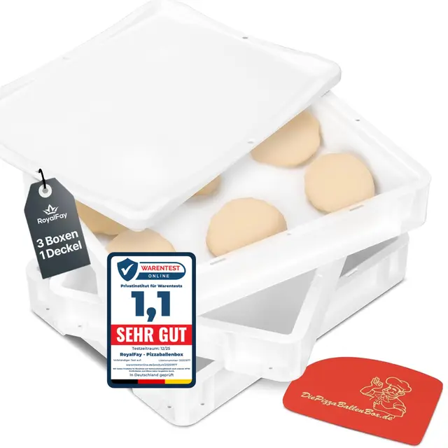 Pizzaballenbox 3er Set – Made in Germany – Gärbox 30x40x8 cm mit 1 Deckel – lebensmittelechte & BPA-freie Teigbox für Pizzateigballen – stapelbar & robust – (weiß)