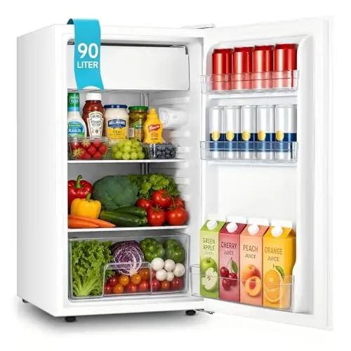 FOHERE Kühlschrank mit Gefrierfach 90L, Mini Kühlschrank Klein 7 Einstellbare Temperaturregelung, Energieeffizient und Ultra-Leiser für Studentenwohnheim/Büro, Weiß