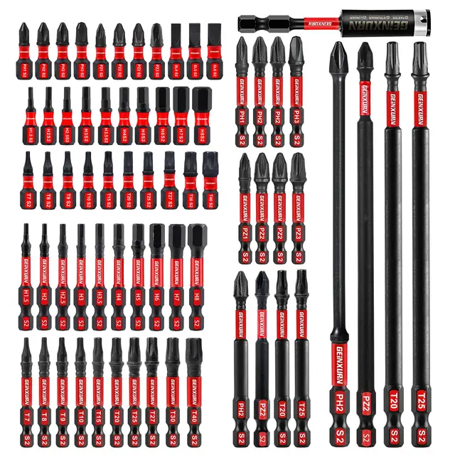 Geinxurn 68tlg. Schlagfester Schrauberbitsatz (PH-, TX-, PZ-, SL-, Hex-), 1/4 zoll Sechskantschaft S2 Legierter Stahl Bit Set mit 75mm Magnetische Bit-Halter