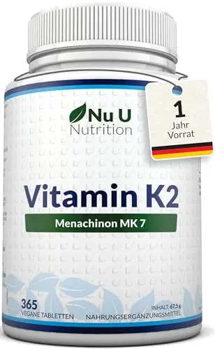 Vitamin K2 MK7 200µg Hochdosiert- 365 Vegane Tabletten, keine Kapseln - 12 Monate Vorrat - 200mcg pro Tablette - Vit K2 MK-7 Menaquinon - Nu U Nutrition