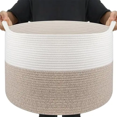 Maliton Aufbewahrungskorb für Wohnzimmer, Wäschekorb Geflochten aus Baumwollseil,Spielzeug Korb mit Griffen,Korb für Kuscheltiere,Wäsche,Decken,Kissen,Kleidung,50x33 cm,Weiß Braun
