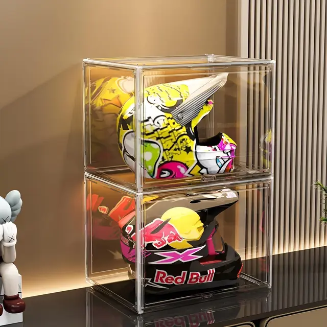 GUDEMAY XL transparente stapelbare Aufbewahrungsboxen mit Magnetverschluss - Staubdichte Aufbewahrung Acryl Vitrine Schaukasten für Helme, Figuren, Bücher, Kosmetik, Schuhe und Handtaschen (1er Set)
