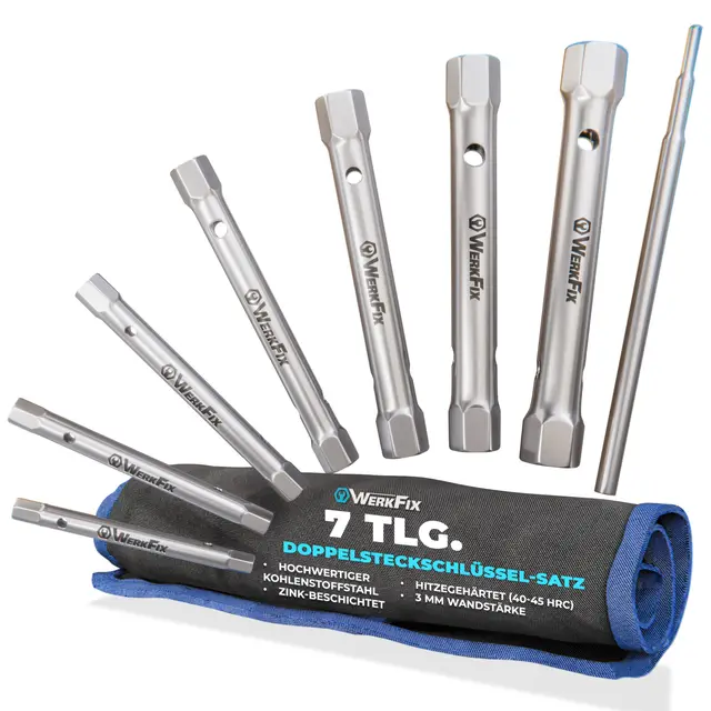S&R WerkFix Rohrsteckschlüssel set 7-tlg. mit Drehstange : 6/7, 8/9, 10/11, 12/13, 14/15, 16/17, 18/19 mm aus CrV-Stahl, Doppelsteckschlüssel set mit Rolltasche