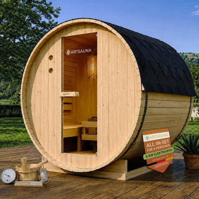 Artsauna Outdoor Fasssauna Spitzbergen 180 für 4 Personen - 6 kW