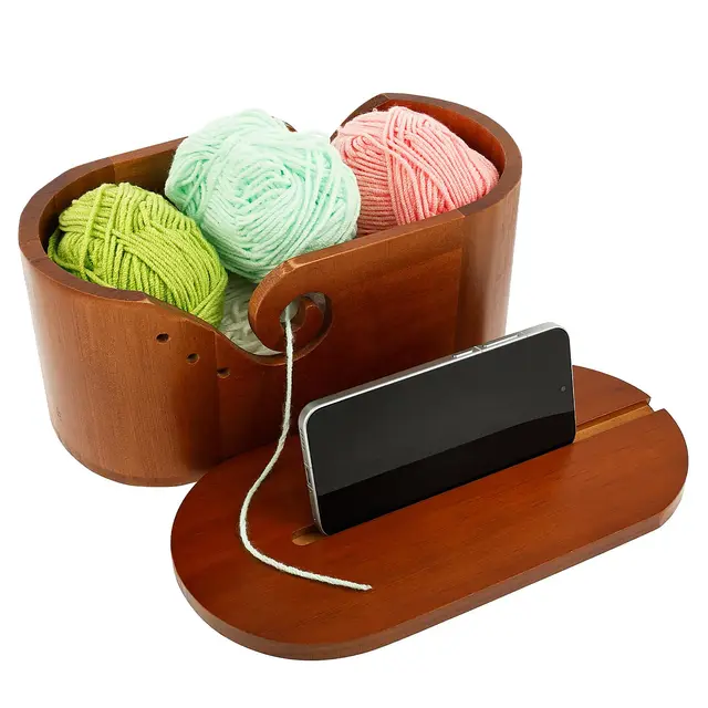 Garnschale Holz, Schalenhalter mit Löchern Ovale Holzgarnschüssel mit Deckel Glattes Strickgarn Lagerhalter Häkelschale mit Doppelter Organizer für Locken Häkelarbeiten Stricken