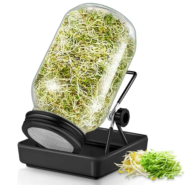 ecooe Sprossen Keimglas 1er Set Schwarz keimgläser für Sprossenglas Sprouting jar mit 1 Wasserschale 1 Filtergitterabdeckungen aus Edelstahl 304 und 1 Ständer