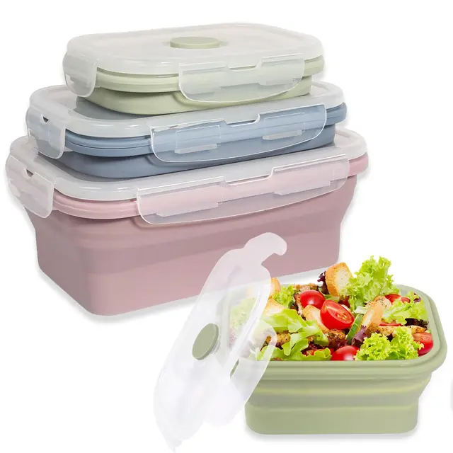 HFDONGL 3 Stück Faltbare Frischhaltedosen mit Deckel Silikon Faltbare Brotdose Set Silikon Frischhalteboxen Food Container Faltbare Lunchbox Meal Prep Boxen Bento Box für Camping Picknick Büro Küche