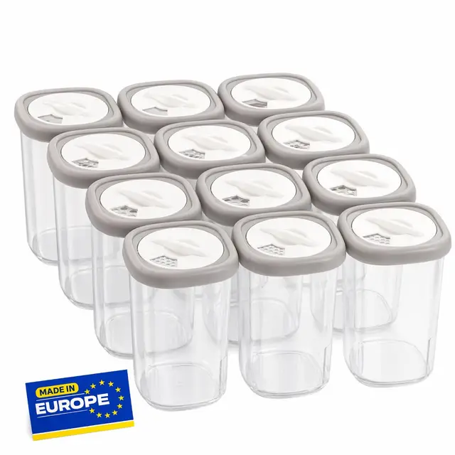 12er Set Gewürzbox aus Kunststoff, Transparente Gewürzdose, BPA-Freiem Kunststoff Camping Gewürzbox, Küche Salz- und Pfefferstreuer Gewürzdosen für Aufbewahrung Gewürze (transparente)