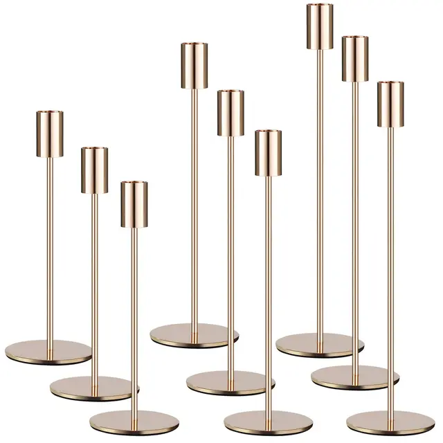 9 Set Kerzenhalter Gold,Kerzenständer Stabkerzen 33/28/23CM,Dekorativer Vintage-Kerzenhalter,Hoch Kerzenleuchter aus Metall,Geeignet für Geburtstagsmahlzeiten, Jubiläum, Hochzeit, Heimdekoration