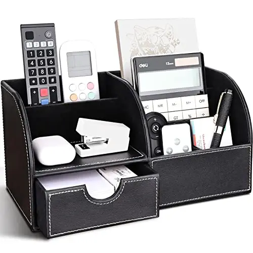 Richblue Schreibtisch Organizer, PU Leder Stiftehalter Schreibtisch, Multifunktionaler Büro Organizer mit Klein Schublade (7 Fächern-Schwarz)