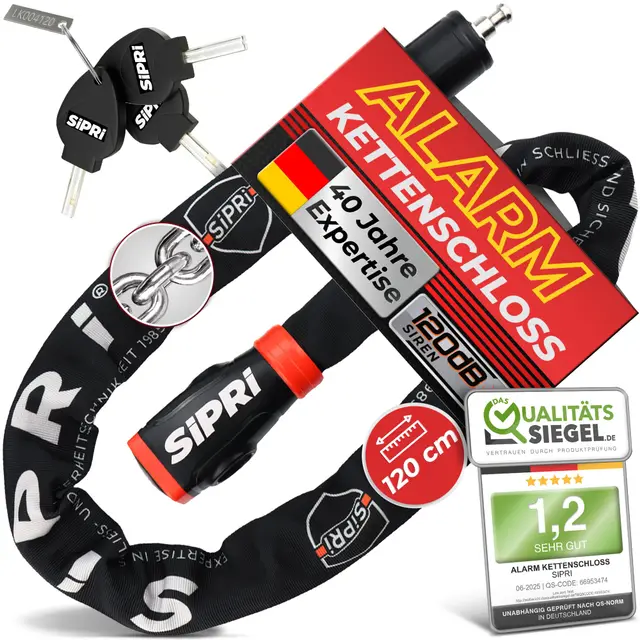 SIPRI® Fahrradschloss mit Alarm 120 dB | Kettenschloss Fahrradschloss hohe Sicherheit für E-Bike, E-Scooter & Motorrad | 8 mm Stahl, wetterfest, robust & langlebiges Schloss mit Schlüssel