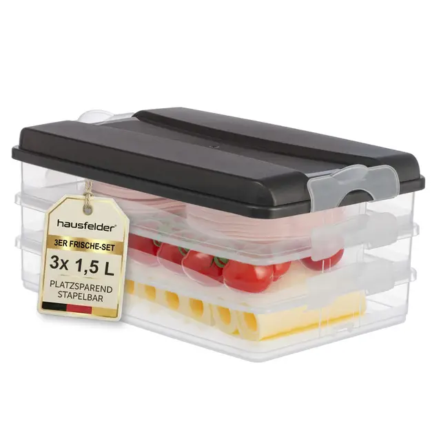 Hausfelder Aufschnittboxen für Kühlschrank stapelbar 3x1,5 L – Wurstdosen & Käsebehälter, 3er Set Wurst und Käse Aufbewahrung mit Deckel, Frischhaltedosen BPA-frei spülmaschinenfest