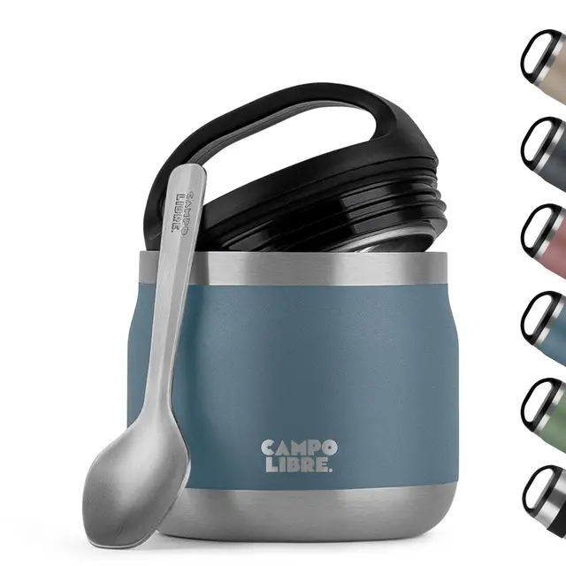 Campo Libre.® Lotta, Thermobehälter für Essen, Edelstahl Thermobecher Essen mit Löffel, Warmhaltebehälter Essen, Mueslicup oder Babybrei Warmhaltebox, Thermo-Essensbehälter, Blue, 400ml